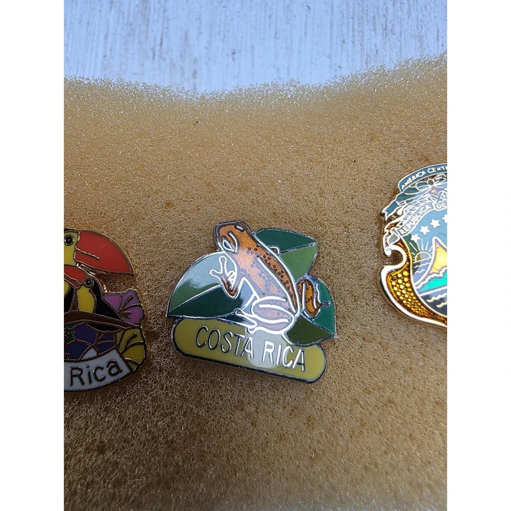 5 Costa Rica Enamel Lapel Pin Set Toucan Frog Orchid Oxcart Coat of Arm Souvenir
